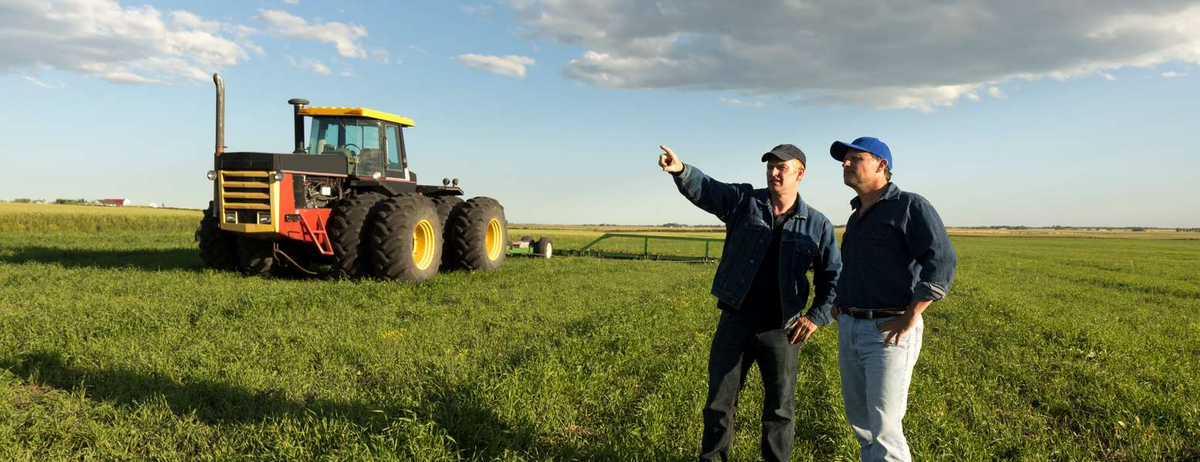 Two farmers standing in a green Arkansas field beside a tractor